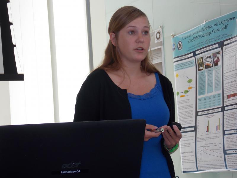 Brianna Adams talks about her study of the Damariscotta Estuary ecosystem and the challenges she faced with the project. KATRINA CLARK/Boothbay Register