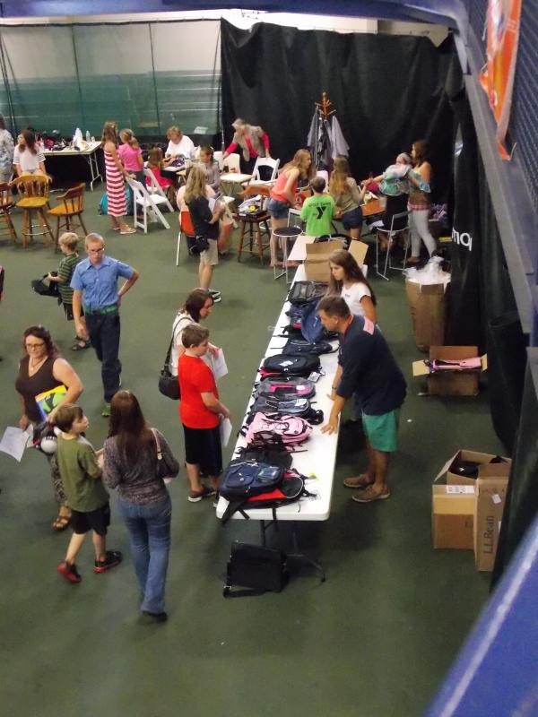 The backpack table. Backpacks are the hardest item to collect, and the group asks that kids reuse backpacks from year-to-year if they are in good shape. KATRINA CLARK/Boothbay Register
