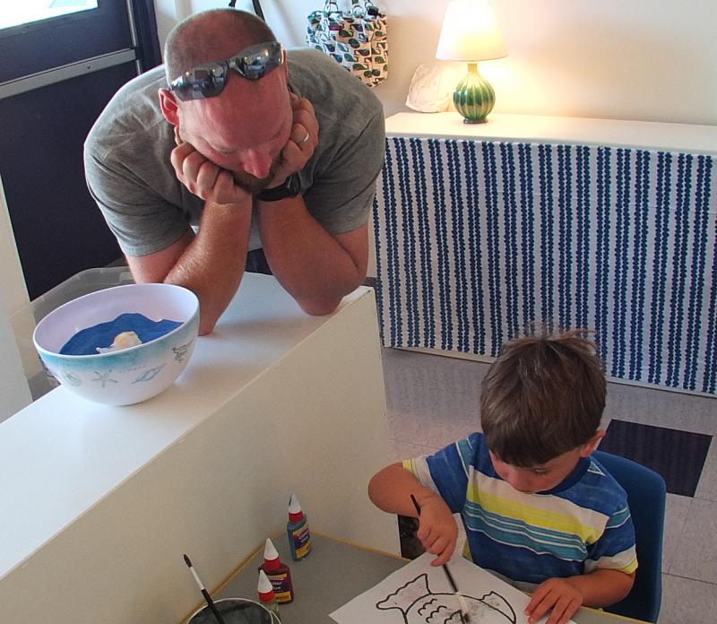 MICHAEL HILLS and his son Byran get into the groove of the new Harbor Montessori School in Boothbay Harbor. SUZI THAYER/Boothbay Register