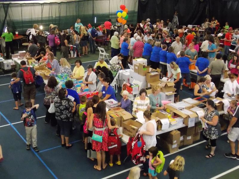 The free school supply shopping center, manned by volunteers. KATRINA CLARK/Boothbay Register