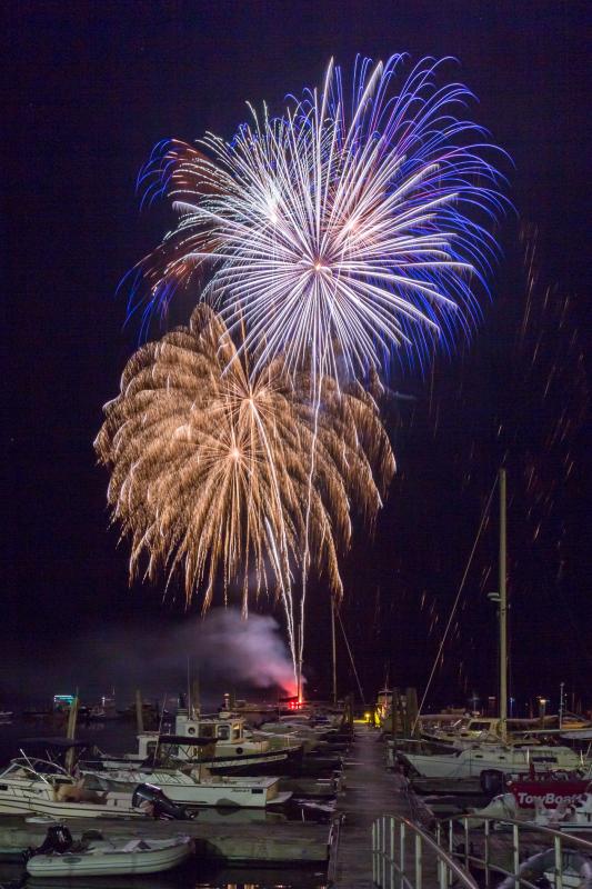 The fireworks show over the Damariscotta River concludes the Boothbay 250 celebration. Courtesy of Michael Leonard