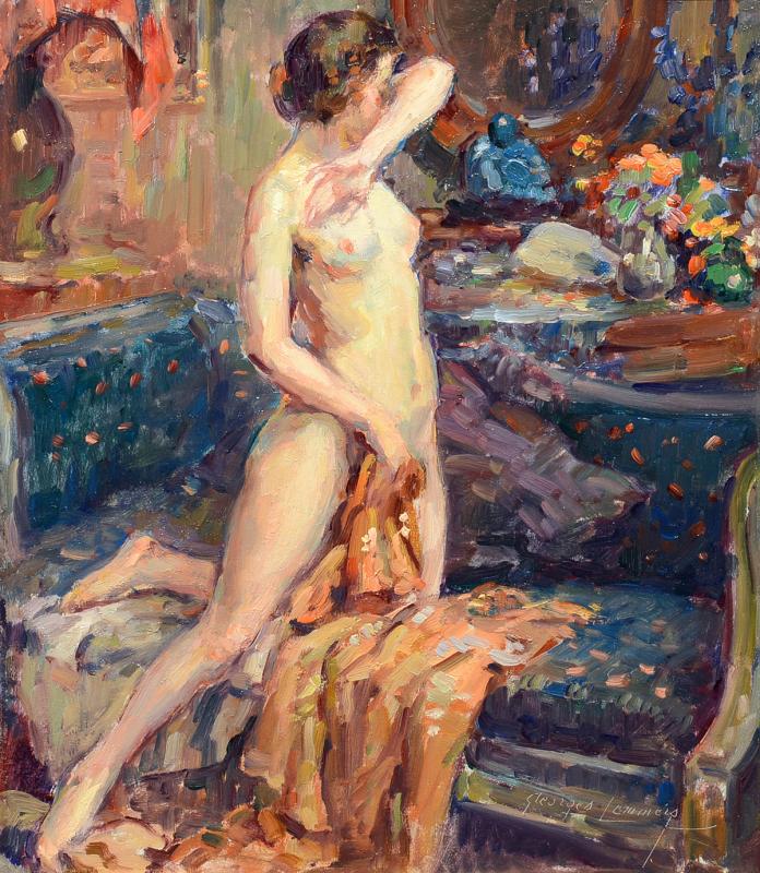 Georges Ferdinand Lemmers (Belgian, 1871-1944), “In Her Boudoir,” oil on panel, 13 7/8 by 12 inches, is one of the works included in the new show at the Wiscasset Bay Gallery, August 16 through September 30.