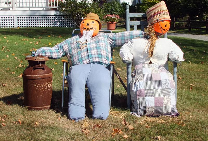 Wayne and Sue Keene have a jovial looking couple, he with a beard, she with a bonnet, resting comfortably in chairs on their front lawn. SUZI THAYER/Boothbay Register