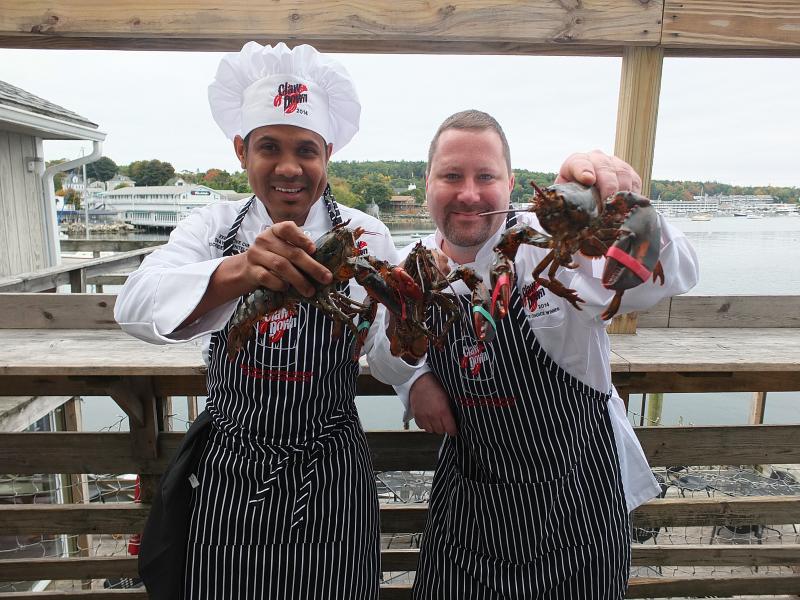 Chefs Dwayne Whitelocke, of Rocktide, left, and Steve Richards, of Mine Oyster, gear up for the Maine Lobster Chef of the Year competition in Portland on Oct. 24. Chef Margaret McLellan of Water’s Edge Banquet Center in Edgecomb, not pictured, will be the third chef from the Boothbay region. SUZI THAYER/Boothbay Register
