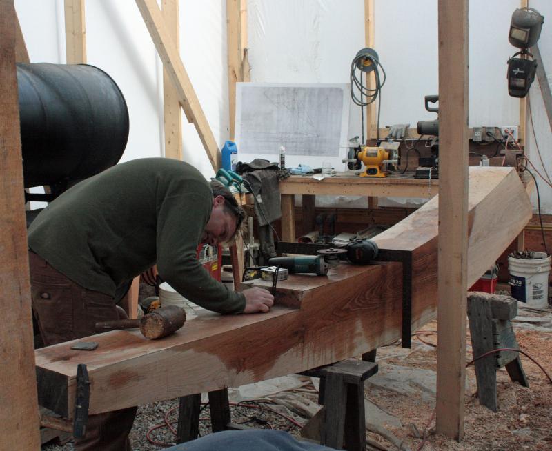 Mike Rogers is the lead shipwright for the ‘Nathaniel Bowditch’ rebuild project this winter in Thomaston. (Photo by Holly S. Edwards)