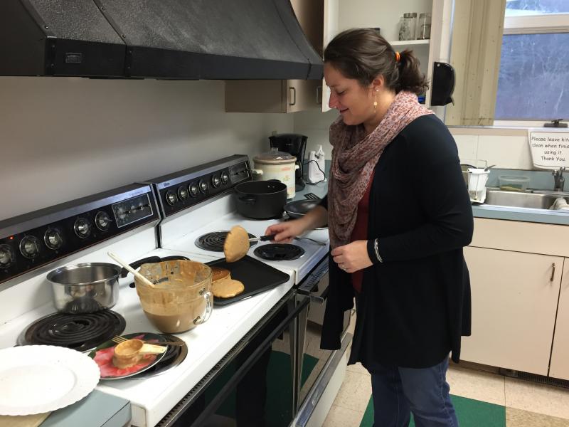 Carrie Eason, membership services and front desk supervisor, flips pancakes in the YMCA’s kitchen on Nov. 17. SUZI THAYER/Boothbay Register