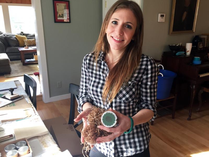 Anya Heyl, in her Edgecomb home/workshop, holds some of her Pine Cone Fire Starters. SUZI THAYER/Boothbay Register