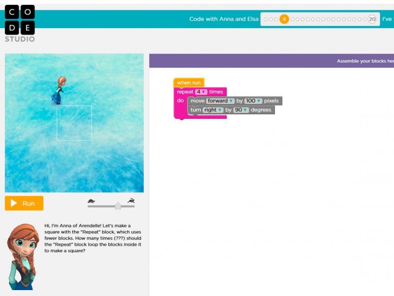 An example of a coding “game” where you help Princess Anna from Frozen skate a pattern on the ice. Code.org graphic