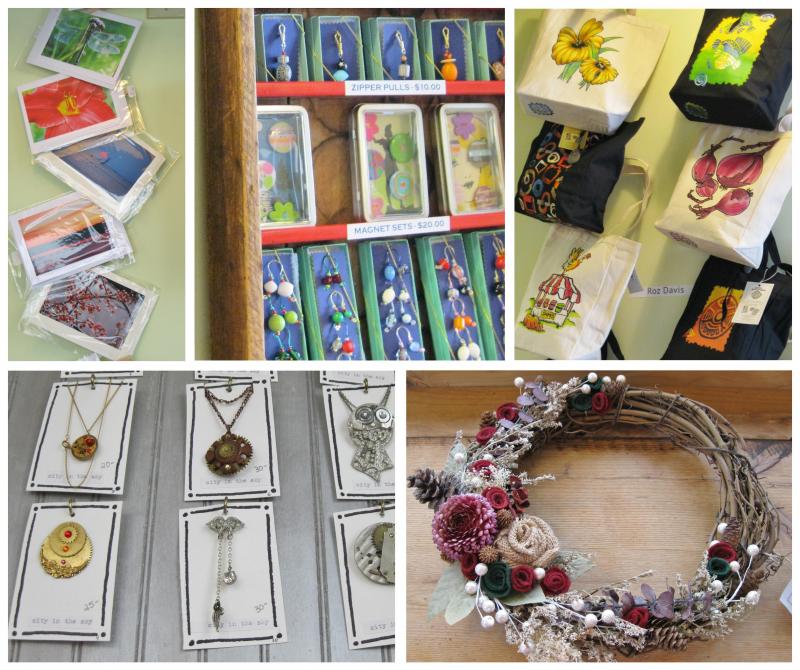 Some of the items to be found at Rising Tide’s second annual Holiday Gift Show are, from top, left, clockwise from top: cards by Lisa Haag Workman, jewelry and wine charms by Ellen Whalley, screenprinted canvas bags by Roz Davis; wreaths by Roz Davis and Steampunk jewelry by Stephanie Lane. Elya Markert image