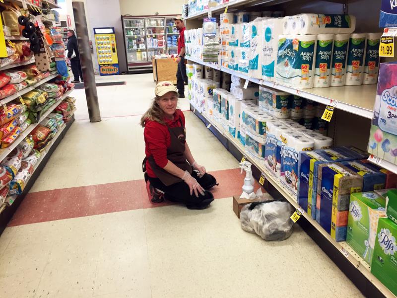 Denise Wagner is one of a number of Hannaford employees brought in to help keep the store clean during the remodel. Wagner is from the South China Hannaford. SUZI THAYER/Boothbay Register