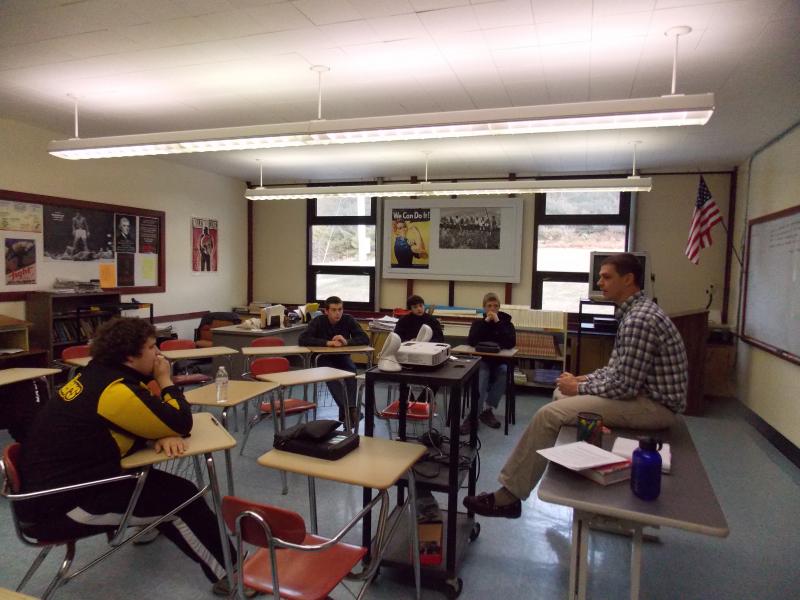 Students talk about Jackie Robinson during “How Sports Shape Society” elective. KATRINA CLARK/Wiscasset Newspaper