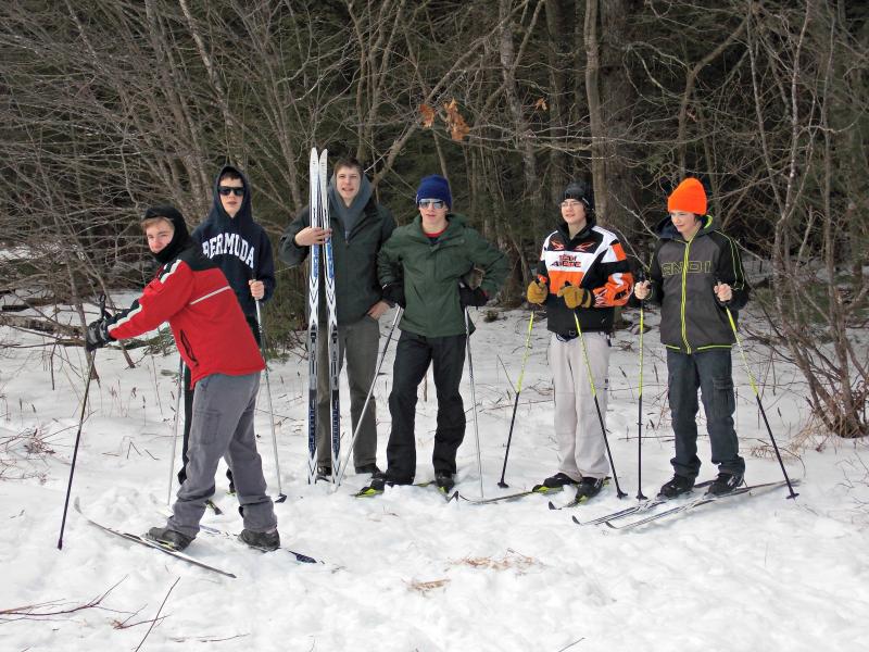 Just some of the students participating in Nordic Skiing during Exploratory Week. From left, Adam Treannie, Brandon Goud, Colin Viele, Grant Hefler, Sawyer Hull and Jason Campbell. KATRINA CLARK/Wiscasset Newspaper
