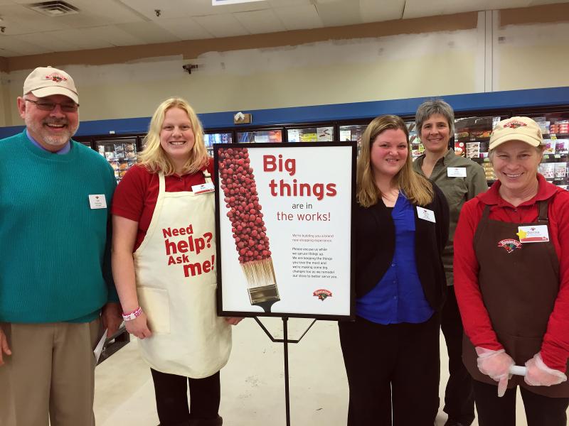 Hannaford in Boothbay Harbor is in the throes of a major facelift. Pictured here are some of the employees who are working hard at keeping things flowing smoothly during the transition. From left: Lee Fecteau, Rae Erikson, Manager Kacey Pike, Evening Manager Kim Smith and Denise Wagner. SUZI THAYER/Boothbay Register