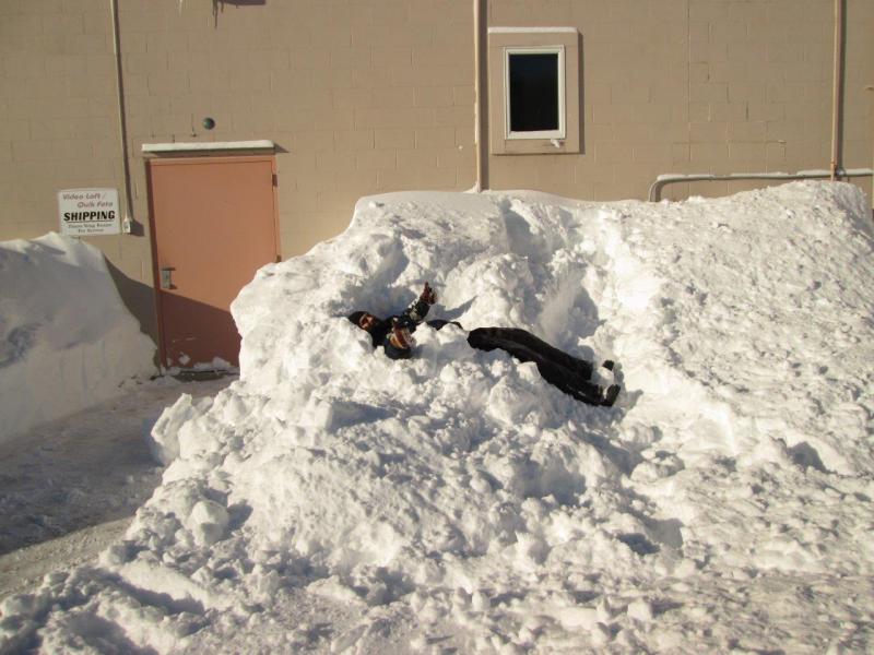 Tom Dewey tries to roll down the hill behind Harbor-Tech Solutions, but the snow ends up being very soft and he gets stuck. Courtesy of Leisha J. MacDougall