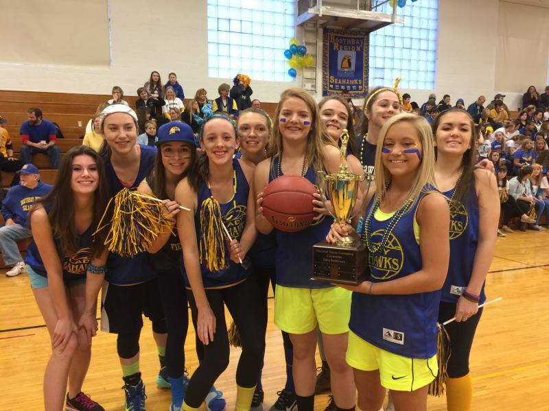 The 2014-2015 Mountain Valley Conference championship Lady Seahawks Basketball Team at the pep rally. From left: Angelique Perkins, Page Brown, Sydney Meader, Nicole Clarke, Hannah Morley, Cagney O’Brien, Alexis Welch, Kate Friant, Sara Durgan and Ashley Reed. Not pictured: Mackenzie Abbott, Morgan Crocker and manager ReAnna Heino. KATRINA CLARK/Boothbay Register.