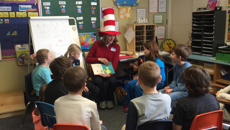 Kathy Campbell reads “Green Eggs and Ham” to Mrs. Sceviour’s 3rd grade class. KATRINA CLARK/Boothbay Register