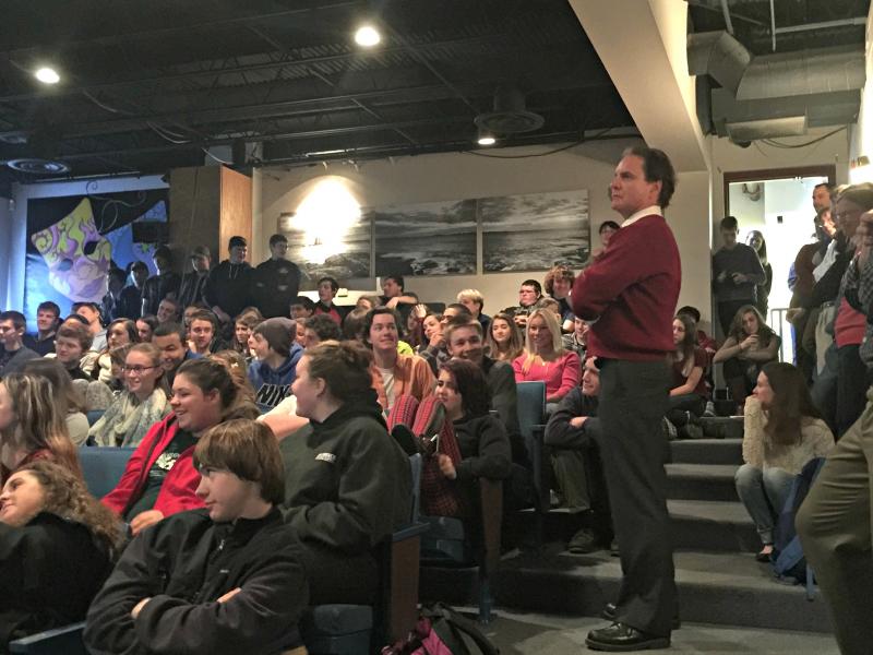 Tom Kee stands next to students as actress Kim Waller talks about the ramifications cyberbulling can have on a person’s future. KATRINA CLARK/Boothbay Register
