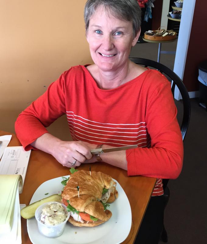Lori Higgins, who comes to Capers a couple times a week, was having the sandwich special on March 2. SUZI THAYER/Boothbay Register