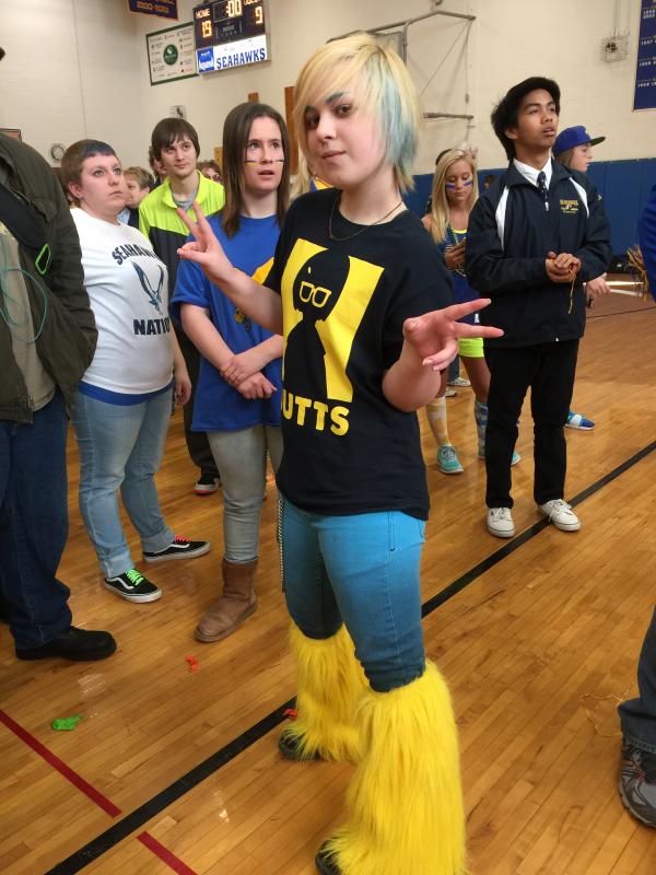 Sophomore Kenny Hicks shows off his duds at the School Spirit pep rally. KATRINA CLARK/Boothbay Register