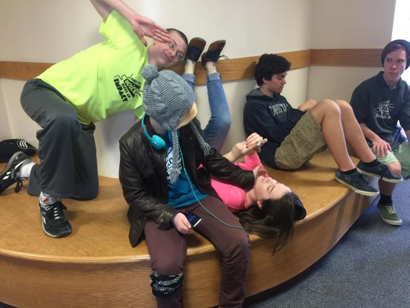 The student Health Advisory Group goofing off. From left: Nick Simpson, Kenny Hicks, Lillian Sherburne, Sam Betts and Noah Sherburne. KATRINA CLARK/Boothbay Register