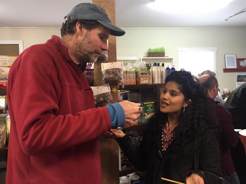 Jonne Trees of Channel 7 talks with Cherie Scott of the chamber at the Business After Hours. KATRINA CLARK/Boothbay Register