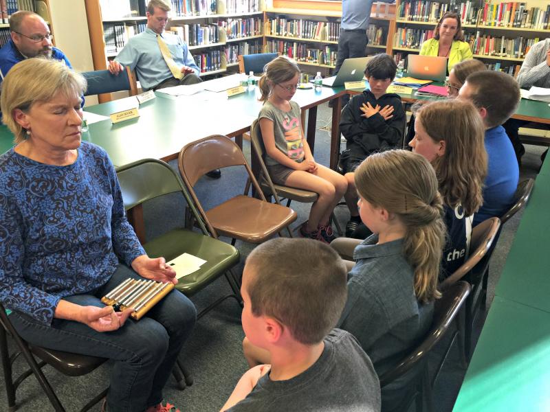 Eight students from the Boothbay Region Elementary School fourth grade class came with Mrs. Kathy Hartley to demonstrate their “mindfulness” exercise. Clockwise from far left: Mrs. Hartley, Mariah Andrews, Dylan Plummer, Sydney Blake, Caden Royal, Callen Eason, Emery Lorrain and Tyler Barter. Not pictured is Meghan Leeman. KATRINA CLARK/Boothbay Register