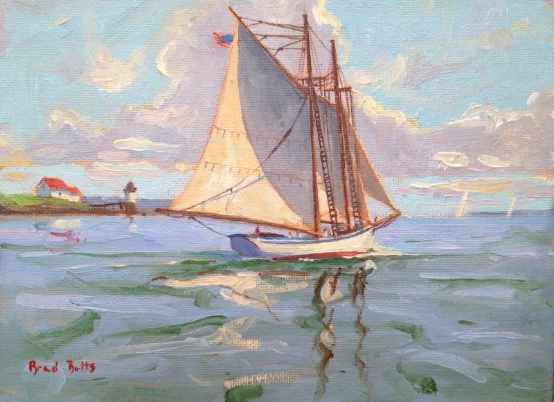 “American Eagle Passing Ram Island,” 6 by 8-inch oil on canvas Brad Betts. American Eagle Passing Ram Island 6x8 oil on canvas Brad Betts