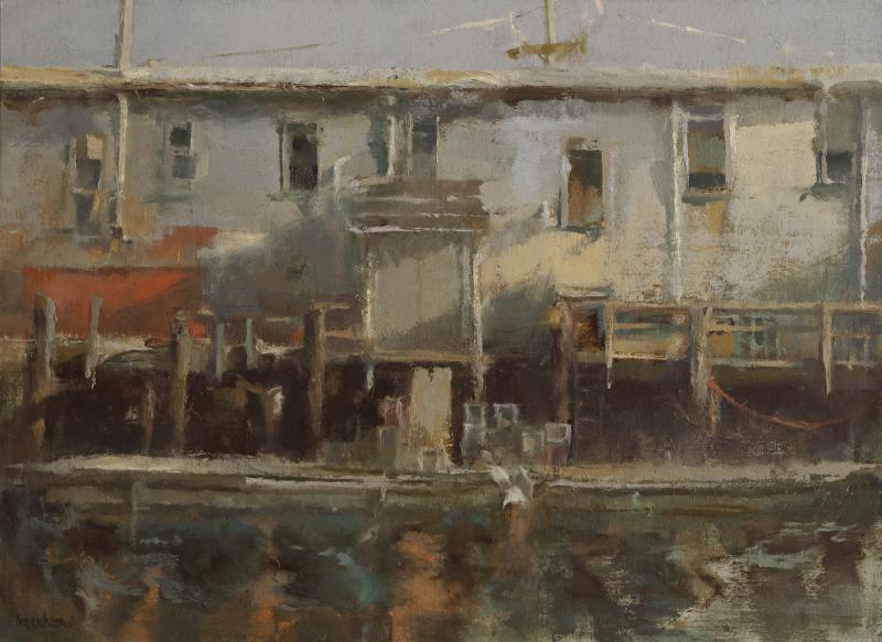 “Dockside Arrival” by Tina Ingraham, oil on muslin panel, 14 by 19 inches. Courtesy of Sylvan Gallery Tina Ingraham, Bath