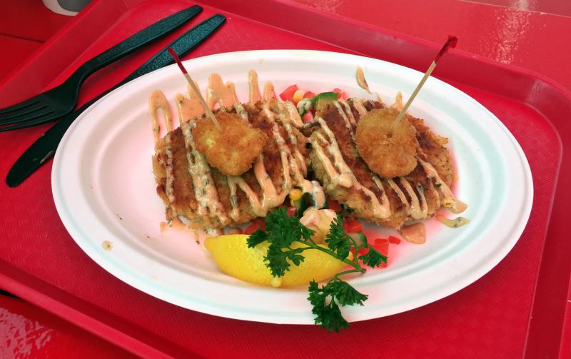 ‘Throwdown Crabcakes” with remoulade sauce are another popular menu item at Lobster Dock in Boothbay Harbor. SUZI THAYER/Boothbay Register