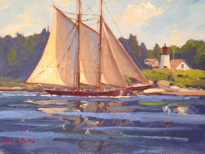 “Ernestina-Morrissey Passing Burnt Island,” 6 by 8-inch oil on canvas, Brad Betts.