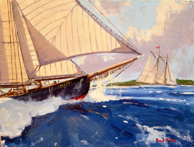 “Schooner Alert Rounding Damariscove Island,” 6 by 8-inch oil on linen, Brad Betts.
