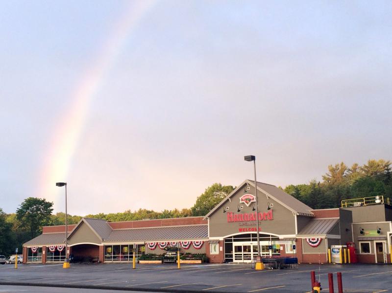 A rainbow appeared to be showcasing the newly renovated Hannaford Supermarket in Boothbay Harbor in the early morning hours of June 13. Courtesy of Ruben Lemelin