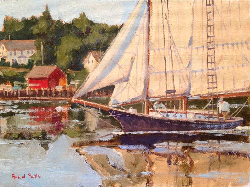 Brad Betts’ “Lazy Jack Cruising the Harbor,” 6 by 8-inch oil on canvas. This painting, and those of the six others attending the 53rd Windjammer Days Festival, are on display at the Boothbay Harbor Memorial Library in Boothbay Harbor. Betts is the Artist of the Month at the library through June 29. See these and other works by the East Boothbay-based artist. All images courtesy of Brad Betts Brad Betts oil on canvas