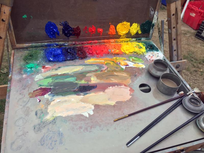 A typical painter’s palette, this one belonging to T.A. Charron of Attlboto, Massachusetts, was used by painters at the Quick Draw event at the Boothbay Common on Thursday, Sept. 10. SUZI THAYER/Boothbay Register