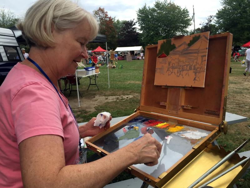 Bobbi Heath of Yarmouth was just beginning her painting that would have to be completed in two hours at the Quick Draw event at the Boothbay Common on Thursday, Sept. 10. SUZI THAYER/Boothbay Register