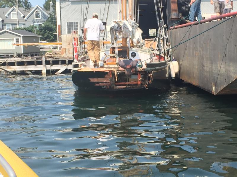 The Lazy Jack ties up at Boothbay Harbor Shipyard after getting hit by a lobster boat on Wednesday afternoon. Courtesy of Bruce White