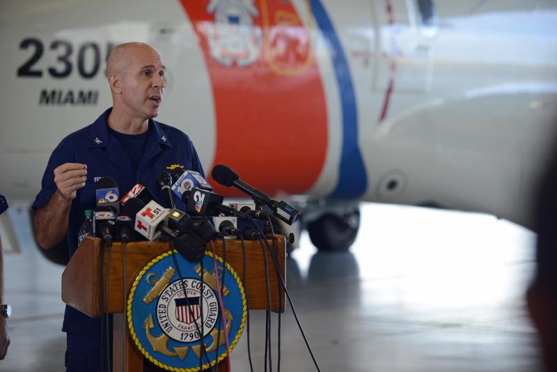 Coast Guard Capt. Mark Fedor answers questions during a press conference at Coast Guard Air Station Miami on Oct. 5, 2015. Fedor is the Coast Guard 7th District chief of response and oversees operations for active search-and-rescue cases. (U.S. Coast Guard photo by Petty Officer 2nd Class Mark Barney)