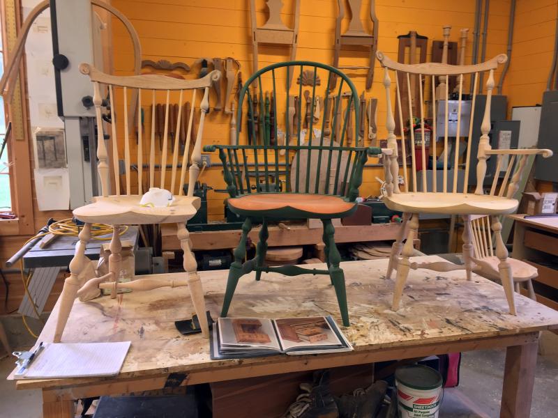 Three chairs in the final stages of production in Jeff Koopus’ workshop in Edgecomb. SUZI THAYER/Boothbay Register