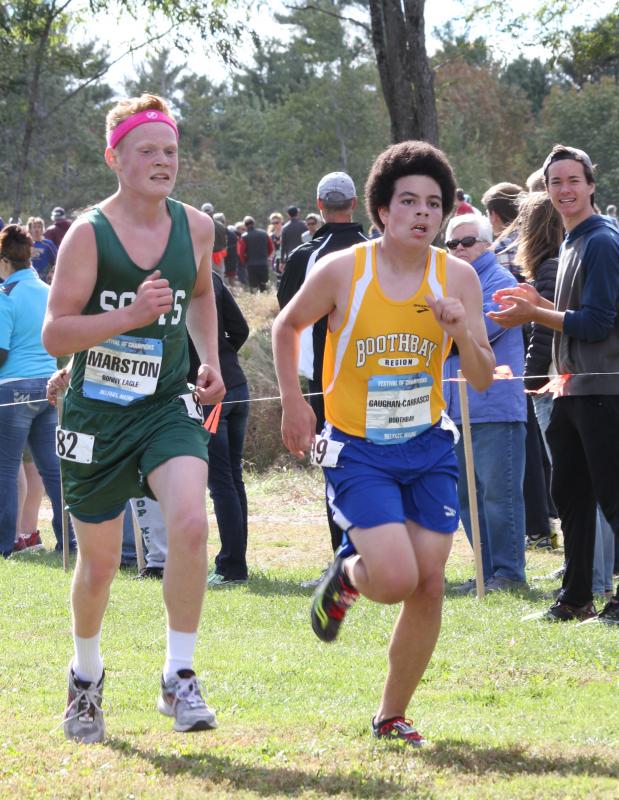 Bayly Gaughan-Carrasco beat this runner at the finish line. Gaughan-Carrasco was first in among the freshmen boys on Saturday, setting a new personal record at 19:33. SUE MELLO/Boothbay Register