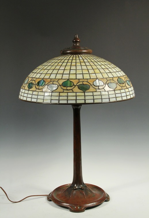 Important Tiffany Studios table lamp with acorn shade and bronze base