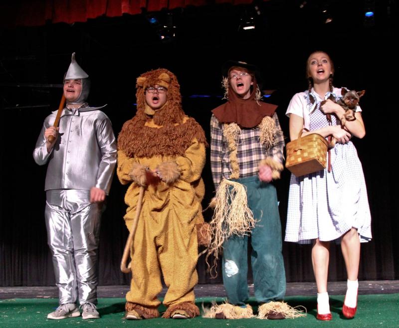 “Lions and tigers and bears ... oh my!” Fifty plus student actors at Medomak Valley High School will present “The Wizard of Oz,” beginning Nov. 5. The classic musical fantasy is directed by Nancy Durgin. Beloved lead characters as seen above are, from left: Micah Morin/Tinman, Juno Buendia/Lion, Jacob Siegel/Scarecrow, Ariel Haskins/Dorothy, Pippin/Toto. Courtesy of Peach Frederick