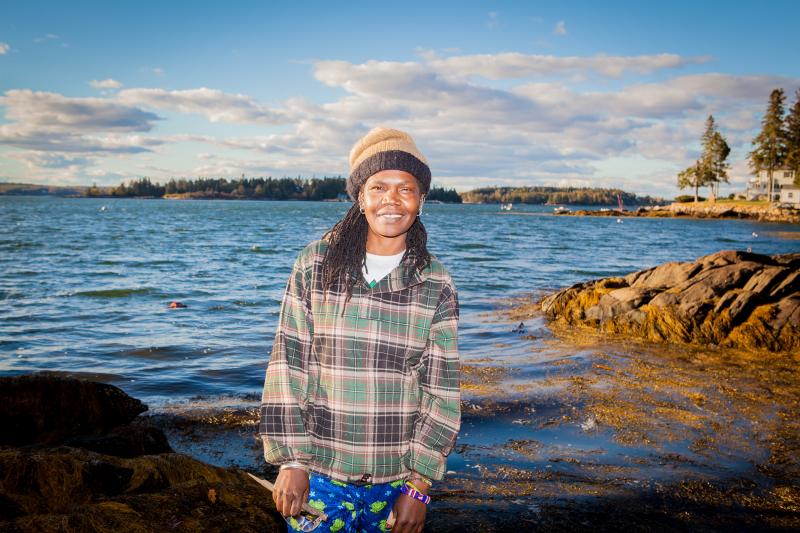 Irene Wanjiru in Southport where she has been creating art - from sculptures to bookcases - from found materials on land and by sea. The artist, who hails from Kenya, then put her work up for sale and donated all of the proceeds - $10,000 - to New Hope For Women. Courtesy of Ian Brown Photography Irene Wanjiru