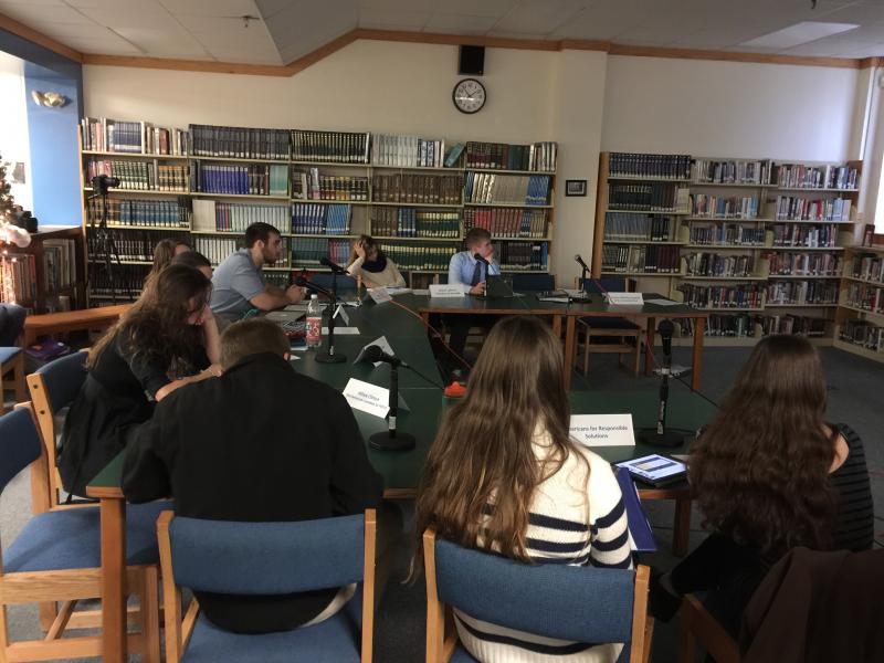 Junior Jacob Bishopp asks a question of Nicole Clarke and Griffin Kane, who are both playing a teacher officially equipped with a concealed gun. KATRINA CLARK/Boothbay Register