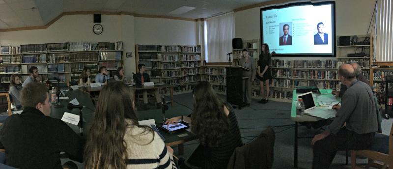 The AP Language class listens to Angie Perkins and Molly Thibault, representing the Coalition to Stop Gun Violence, make their opening statement on Dec. 14. KATRINA CLARK/Boothbay Register