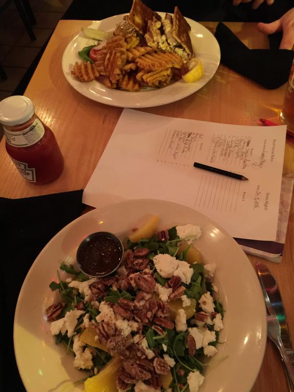 Yummy Bistro food during Trivia Night – here, a house special salad and a haddock griller. KATRINA CLARK/Boothbay Register