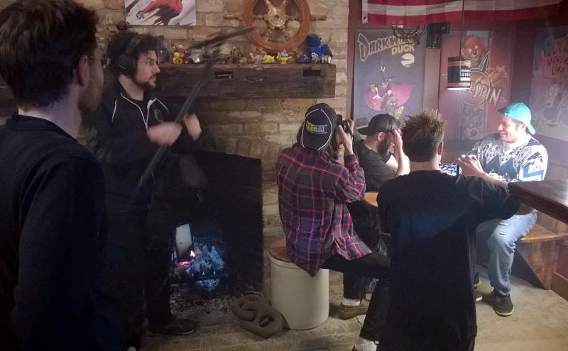 The crew of Era Man prepares to shoot another scene at the Watershed Tavern in Boothbay on Jan. 23. Courtesy of Ryan Leighton