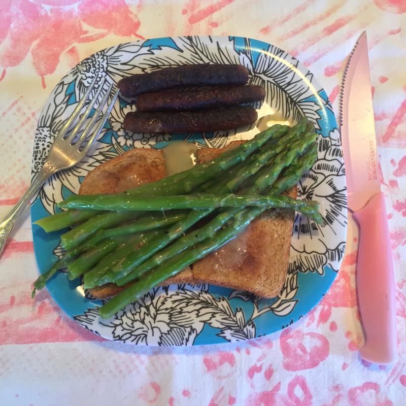 My indulgent weekend breakfast: Creamed asparagus on toast, with sausage.. SUZI THAYER/Boothbay Register