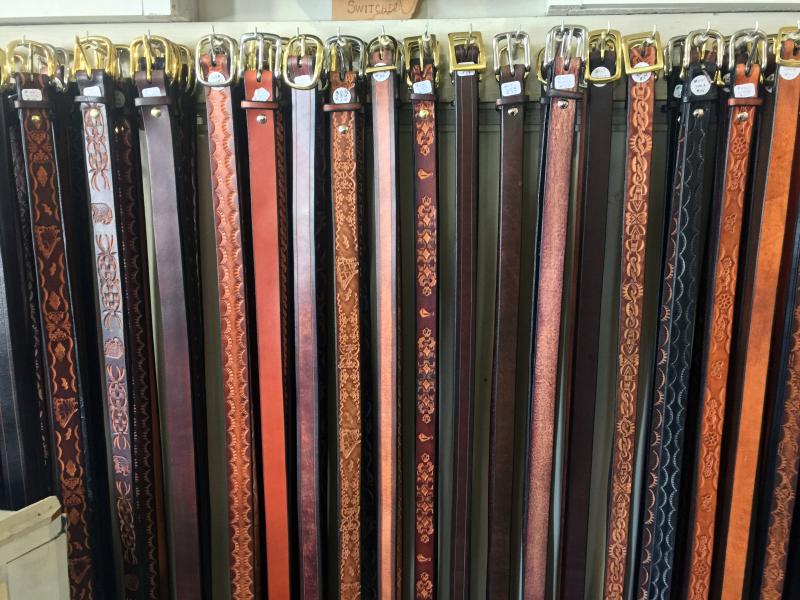 An array of some of Peter Dombrowski’s belts. There are lots of colors and designs to choose from, as well as custom-made ones. SUZI THAYER/Boothbay Register