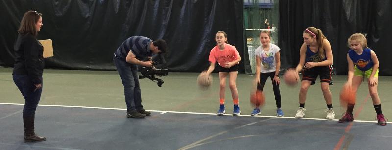 A cameraman and producer from WCSH Channel 6 were at the Boothbay Region YMCA on March 10 shooting video of Hannah Morley with three of her ‘Future Lady Seahawks.’ Left to right: Emery Lorrain, Izzy Harkins, Morley and Sidney Blake. SUZI THAYER/Boothbay Register