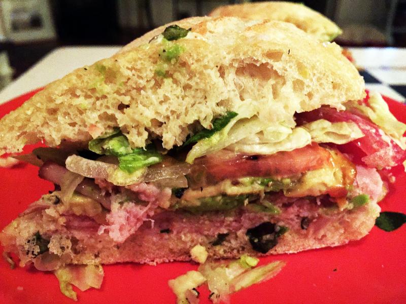 What makes a more satisfying, and relatively healthful meal, than a great sandwich? This one started with a good crusty-on-the-outside, light-and-airy-on-the-inside baguette, then filled with thinly sliced baked Virginia ham, shredded lettuce, thinly sliced sweet onions, avacado, tomato and a little oil & vinegar dressing. SUZI THAYER/Boothbay Register